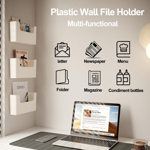 Senhoglb Office Hanging File Holder Oragnizer Rack, 6 pcs Wall Mounted Document Holder, Plastic Wall Magazine Rack Storage with Adhesive Pad for Home, Door , Cream White(No Drilling)