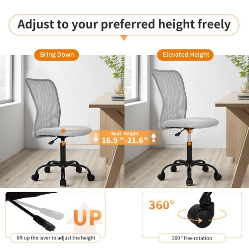 Ruesleag Home Office Chair Ergonomic Mid-Back Mesh Desk Chair Computer Armless Executive Task Chair Lumbar Support Armrests Swivel Rolling PC Chairs Small Meeting for Adults,Grey