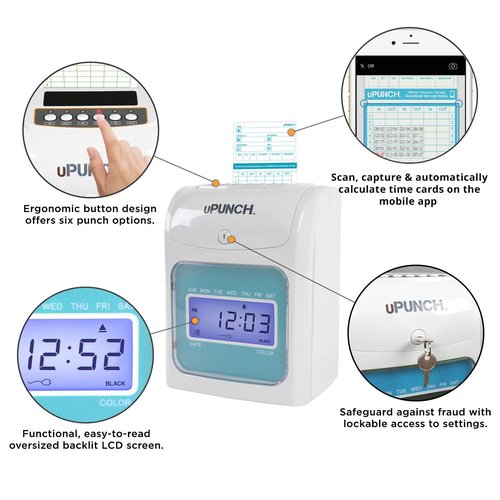 uPunch FN1000 Smart Time Clock System for Small Business: Auto Align Punch Clock with Free Mobile App for Digital Time Card Management and Payroll