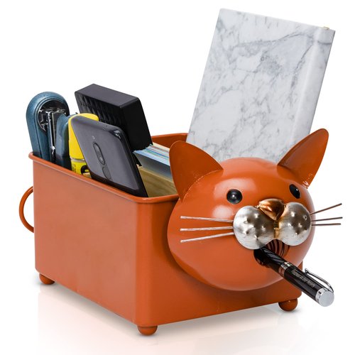 Made Easy Kit Desk Organizer, 1-5 Module Compartments - Storage for Stationery Supplies, Accessories, brushes - Home, Office, School, Dorm, Studio - Build in Pen & Pencil Holder (Orange Cat)