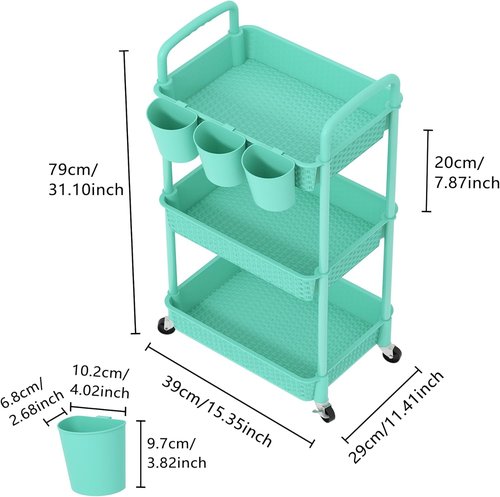 MOYIPIN 3-Tier Rolling Utility Cart - Versatile Storage Organizer for Office, Kitchen & Living Room - Turquoise with 3 Hanging Cups