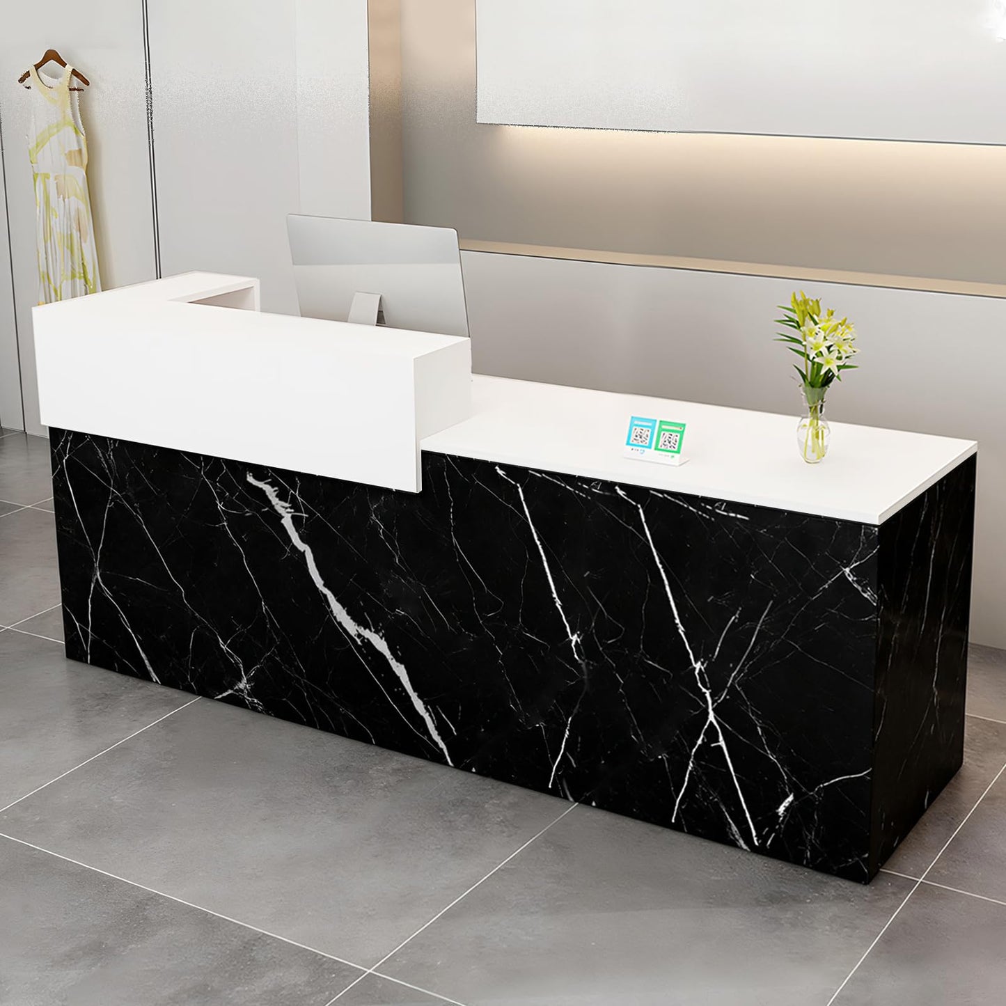 Modern Reception Desk with Drawer & Open Shelves, 39-95 Inch Front Counter Table, Computer Workstation Suitable for Salons, Offices, Lobbies, Retail Stores and Home Offices