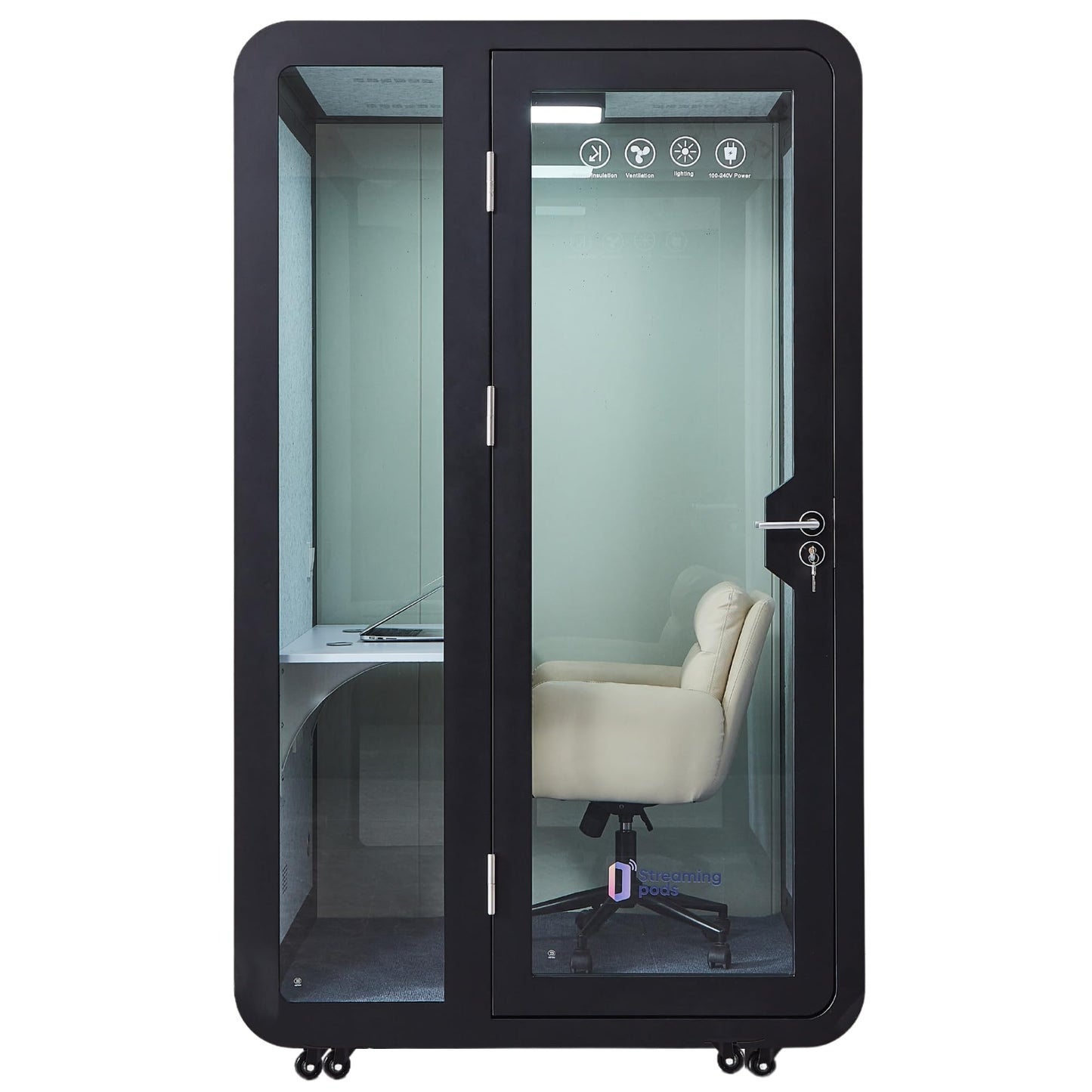 GEARONIC Solo Office Sound Booth Pod Audio Privacy, Mobile Roller with Desk, LED Light, Fans and AC USB Ports (Black Obsidian)