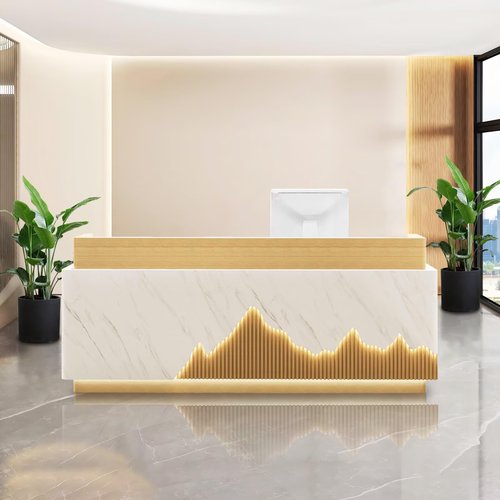 Commercial Reception Desk Modern Front Counter Desk with LED Lights No Assembly Required Retail Counter Reception Room Table for Checkout Office Lobby White and Wood 87inch/220cm