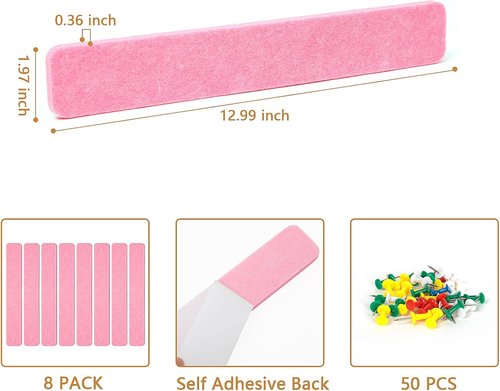 Regine Switzerland Felt Pin Board Strips - Self-Adhesive Bulletin Board for Home & Office | 8 Packs with 50 Push Pins