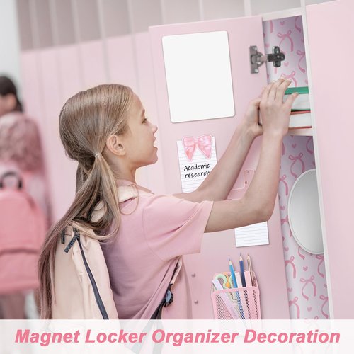 Newtay 14 Pcs Pink Locker Accessories Kit - Magnetic Locker Organizer Decorations with Bow Wallpaper, Mirror, Whiteboard, Dry Erase Pen, Pen Holder, Area Rug, Clips, Magnets for Dorm Office Gym