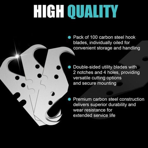 100-Pack Super Big Hook Trimming Blades for Roofing and Flooring, Carbon Steel, Double Sided with 2 Notches and 4 Holes