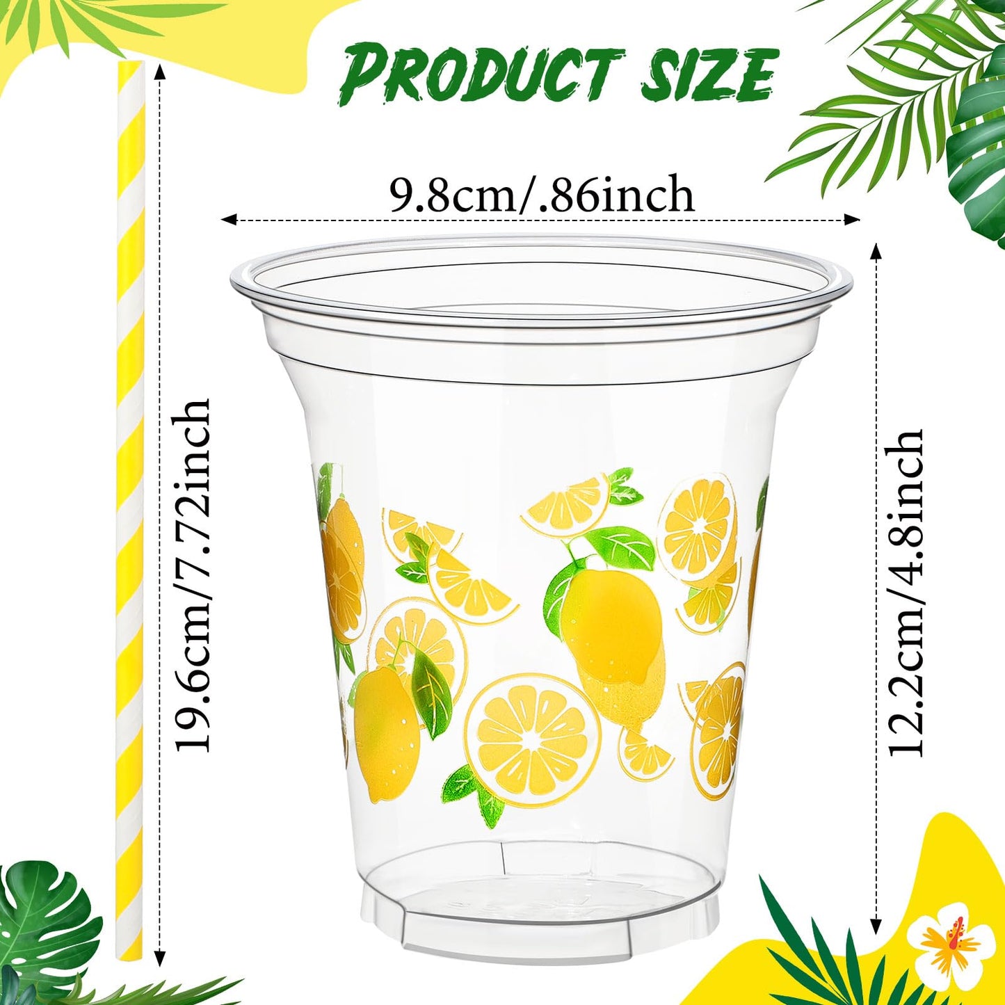 Umigy 100 Pack Plastic Disposable Cups with Lids and Straws 12 oz Disposable Cups for Juice Water Coffee Summer Party Sports Party Supplies(Lemonade)