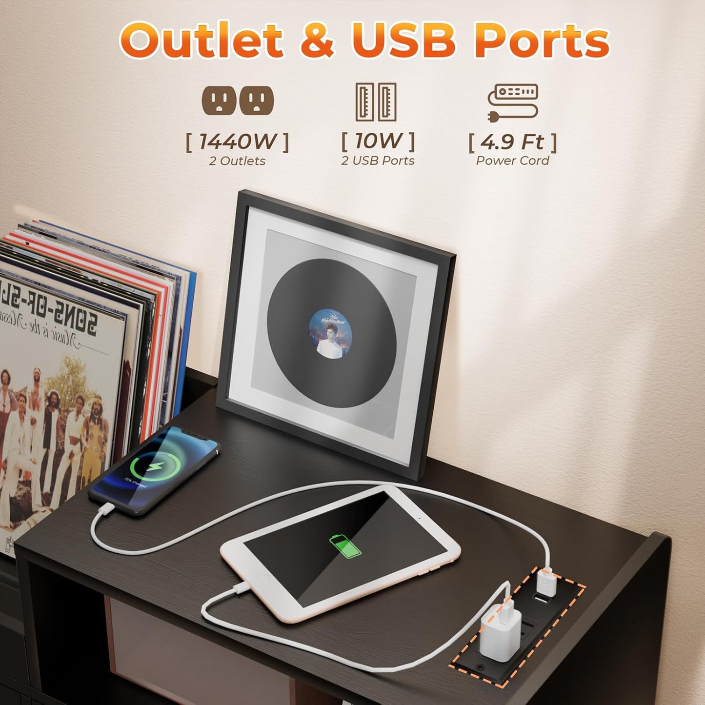 Skiennix Large Record Player Stand - 350 Vinyl Storage Cabinet with Power Outlet & LED Light | Stylish Wood Legs for Living Room, Bedroom, Office