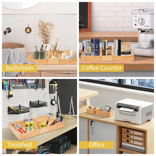 IUMLXJO 5PCS Bamboo Drawer Organizer with Adjustable Wood 2 Drawer Dividers, Stackable Makeup Desk Junk Storage Boxes Container Trays with 7 Grid for Kitchen Utensils,Bathroom, Office