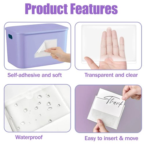 52 Pack Adhesive Pockets 3x5 Inch Labels for Storage Bins Clear Plastic Index Card Holder, Label Holder with Top Open for Loading Tote Labels for Organizing Bins Box Drawer