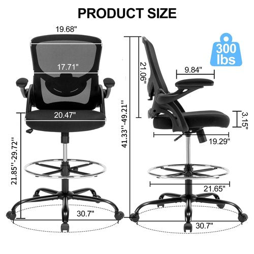Chairoyal Drafting Chair, Ergonomic Standing Desk Chair with Flip-up Armrests, Tall Office Chair for Standing Desk, Counter Height Office Chairs with Footrest and Adjustable Lumbar Support, Black