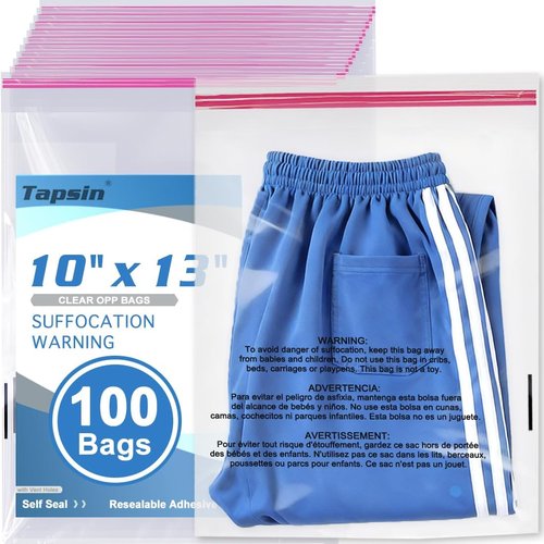 Clear Cellophane Bags - 10x13 Inch Resealable OPP Plastic Packaging for Clothing | 100 Count with Vent Holes