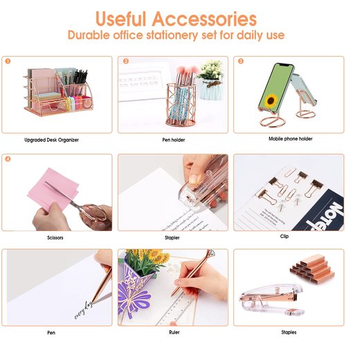 KAAKOW Rose Gold Desk Organizers and Accessories Office Supplies Set Stapler, Pen Holder, Phone Holder, Scissors, Pen, Ruler, 30 Paper Clips, 22 Binder Clip, 20 Tacks and 1000pcs Staples
