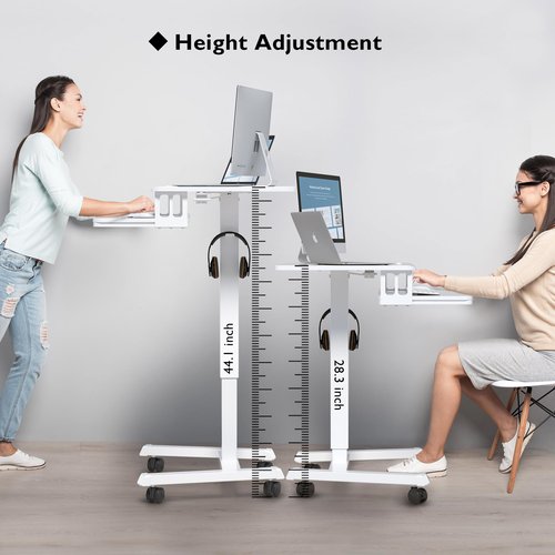 BONTEC Mobile Standing Desk with Keyboard Tray, Mobile Podium, Computer Workstation Up to 33lbs, Laptop Sit or Stand Desk on Wheels, Height Adjustable Stand Up Table for Living Room, Bedroom, White
