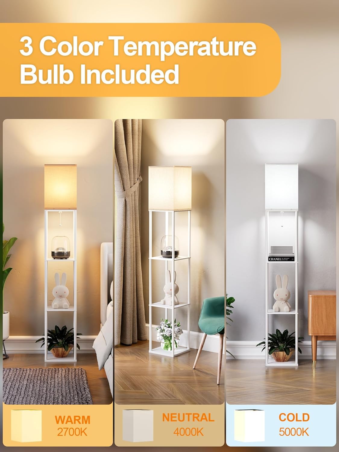 Skiennix Floor Lamp - Stylish White Shelf Lamp with 3 CCT LED Bulb | Perfect for Living Room & Bedroom