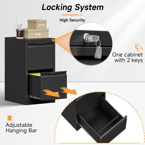 2 Drawer File Cabinet, 17.8" Deep Filing Cabinet for Home Office, Metal Vertical File Cabinet with Lock for Letter/Legal/A4/F4 Size, Easy Assemble (Black)