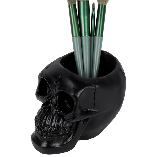 Black Skull Makeup Brush Holder, Skull Head Pen and Pencil Holder, Goth Skull Decor Desktop Organizer for Office Vanity Dresser Bathroom