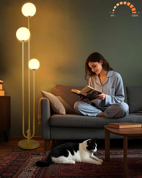 Lightdot 63-Inch Gold Floor Lamp - Dimmable 3-Light Globe LED Design | Soft Warm White for Living Room & Bedroom Decor