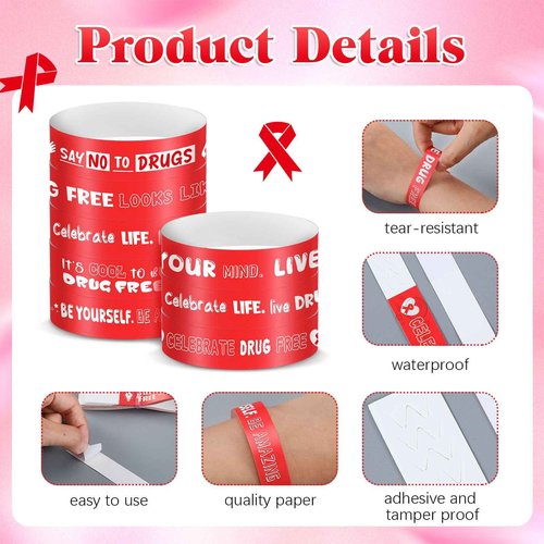 Fuyoooo 2400 Pcs Red Ribbon Week Wristbands Bulk - Drug Free Red Ribbon Week Paper Bracelets Inspirational Awareness Supplies for Anti-Drugs Campaigns, Awareness Events