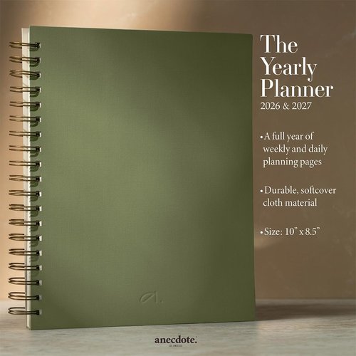Anecdote Spiral Planner - 2026-2027 Calendar | Undated 52-Week Organizer (8.5" x 10") - Olive Color