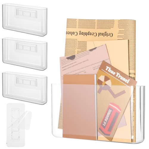 HOFURME 4 Pack Plastic Wall File Holder, Clear Walls Pocket File Organizer with Door Mount, Wall Folder Holder for Home Office Bathroom, 8.6x4.7x1.8 Inch (Polystyrene)