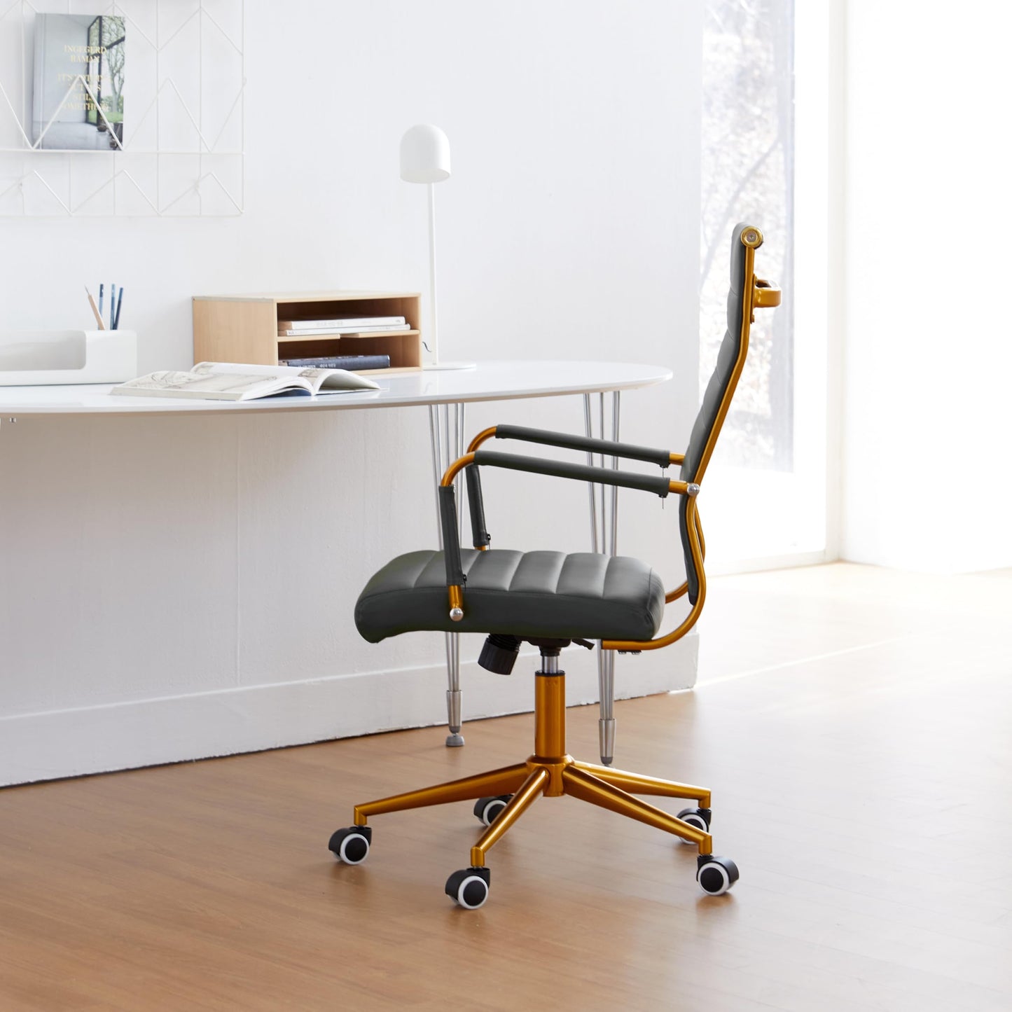 Livinia Modern Executive Office Desk Chair, Chrome & Leather Conference Room Swivel Chairs with Ribbed High Back, Adjustable Height, Removable Armrest, and Wheels for Home Office (Black(Gold))