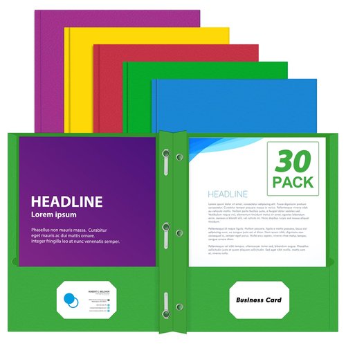 Two Pocket Folders, PANDRI 30 Pack Two Pocket Folders with Prongs, Designed for Office and Classroom, Assorted 5 Colors 2 Pocket 3 Prong Folders