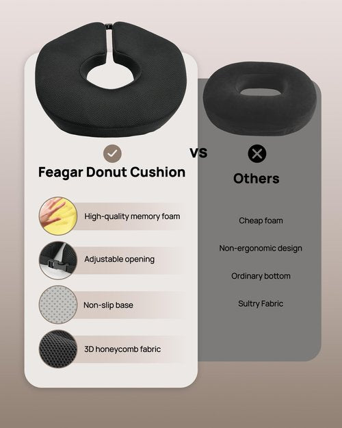 Feagar Donut Pillow Seat Cushion - Memory Foam Hemorrhoid Pillow for Tailbone Pain, Sciatica & Pressure Sores Relief, Adjustable Design for Pregnancy, Postpartum, Surgery Recovery, Office Chair
