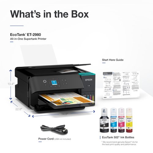 Epson EcoTank ET-2980 Wireless All-in-One Color Supertank Printer with up to 3 Years of Ink, Refillable Tanks, Perfect for Home, 15 PPM, 1.44" Color Screen, Auto 2-Sided Printing - Black