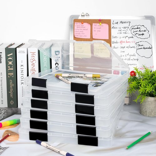 Pechor 6 Pack A4 File Box Paper Organizer Transparent Plastic Box Portable Project Case Documents Document Magazines Storage Holder,with Black Snaps (Inner Size 12.2 x 8.9 x 0.7 in)