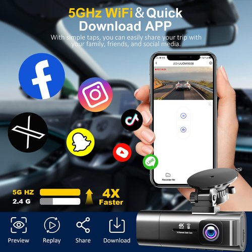Dash Cam Front and Rear,3 Channel Dash Cam for Car with 5G WiFi, 64GB Card,4K+1080P+1080P Front Inside and Rear Car Dash Camera,3.16”Screen,Night Vision,Loop Recording, G-Sensor, WDR, Parking Mode