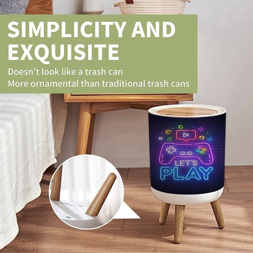 Small Trash Can with Lid Lets Play neon sign bright signboard light banner Game neon emblem Garbage Bin Round Waste Bin Press Cover Dog Proof Wastebasket for Kitchen Bathroom Living Room 1.8 Gallon