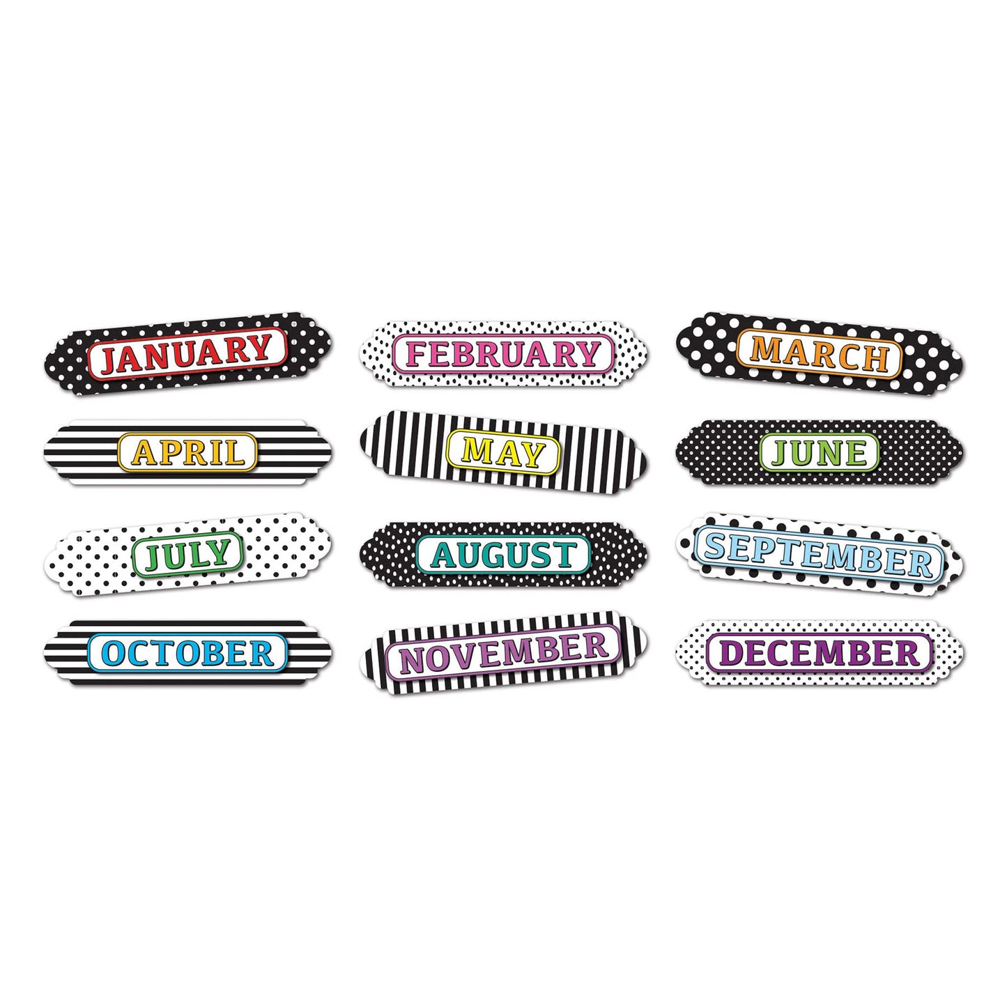 Ashley Productions Magnetic Die-Cut Timesavers & Labels, Months of the Year, Black and White Assorted Patterns, 12 Pieces