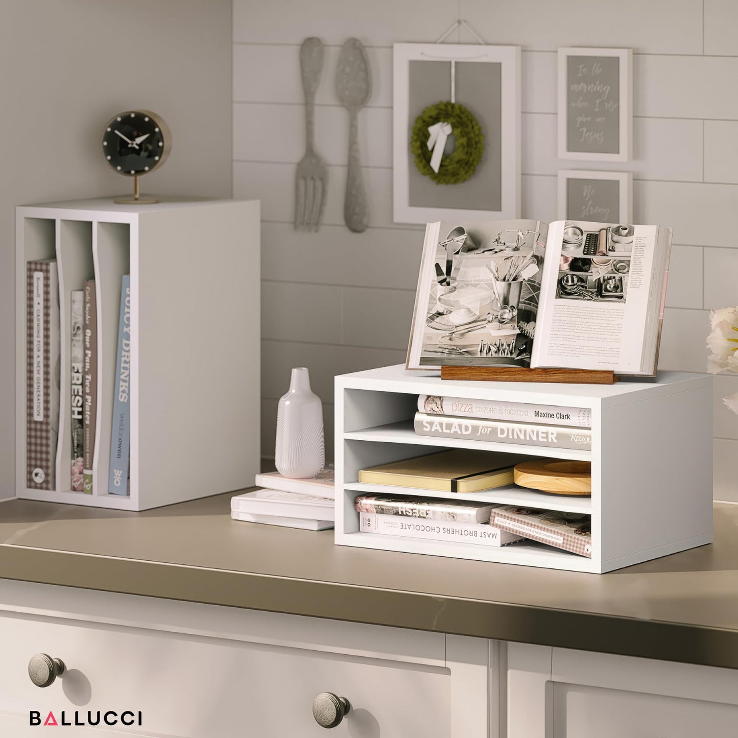 Ballucci Paper Organizer, 3-Tier Stackable Wood Desk Organizer, Document File Organizer and Mail Sorter with Adjustable Storage Shelves, White