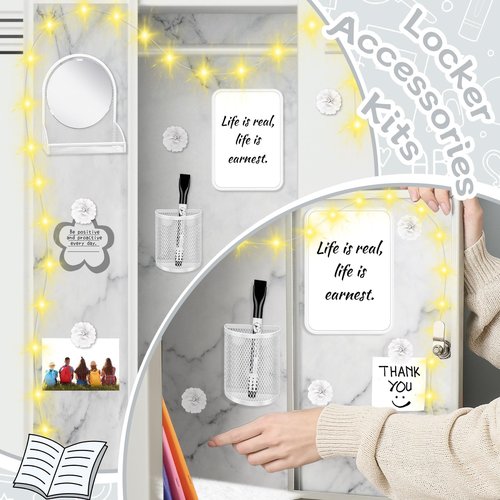 Gosodeny 17 Pcs White Locker Organizer Kit, Includes Classic Marble Locker Magnetic Wallpaper, Locker Shelf, Magnetic Mirror and Organizing Supplies First Day of School Essentials with Locker