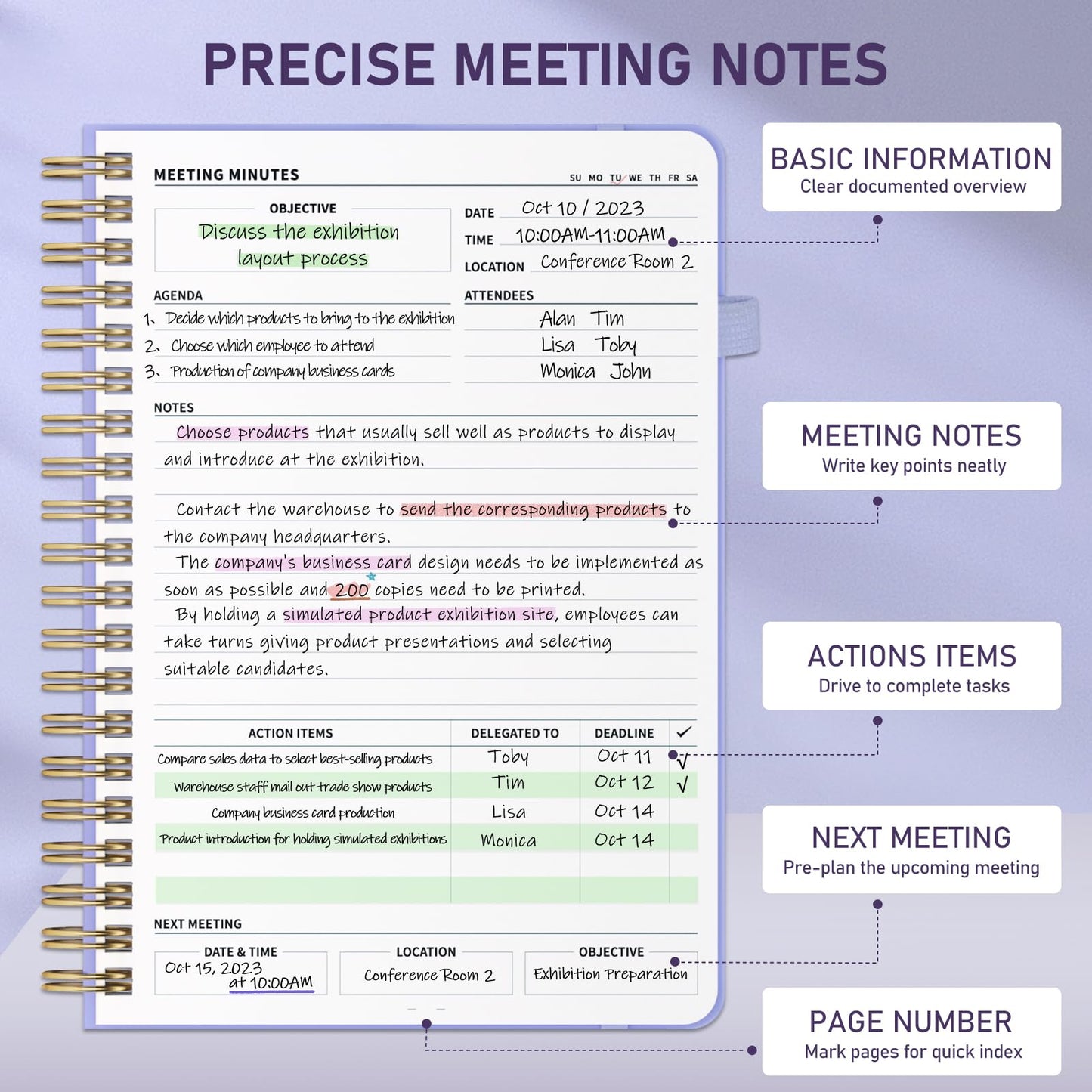 WEMATE Meeting Notebook for Work B5 (7"x10") - PU Leather Work Notebook with Agenda, Action Items & Notes - 200 Pages for Men&Women, Staff and Students, Meeting, Projects Planning - Light Purple