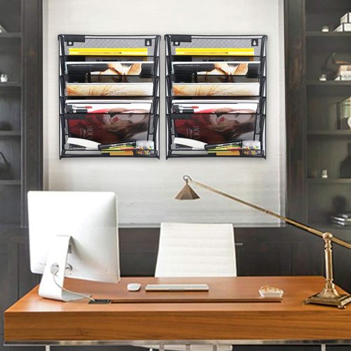 samstar 2 Pack Wall File Organizer, 6-Tier Wall Mount Paper Holder Vertical File Rack for Office Home, Black.