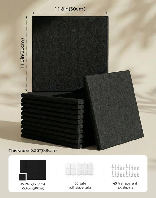 Aothia 12-Pack Felt Bulletin Board Tiles - Modular 48x36 Cork Board Alternative for Office & Classroom | Includes 70 Adhesive Tabs & 40 Push Pins (Black)