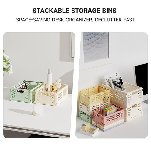 2-Pack Collapsible Plastic Storage Baskets for Organizing, Stackable Storage Bins - Space-Saving for Classroom, Kitchen, Bathroom, Office & Bedroom,Foldable Crates (white,16.89 x 6.46 x 11.54in)