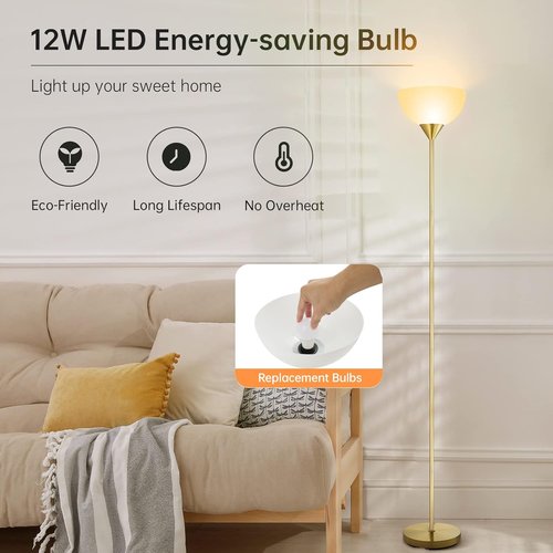 BoostArea 12W LED Floor Lamp - 70.1” Tall Torchiere with Eye-Caring Warm White Light | Perfect for Bedroom, Living Room, Office