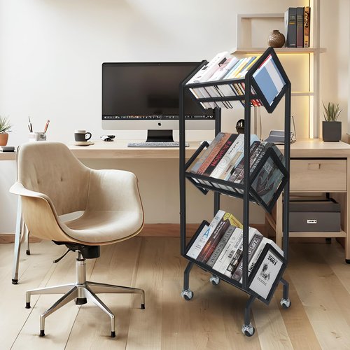 GSMFS with 360°Rotation Wheels 3-Tier Metal Book Carts,Used for Study Rooms, Living Rooms, Sofas, and Beds Library Cart, Slanted Bookshelf Study Rooms
