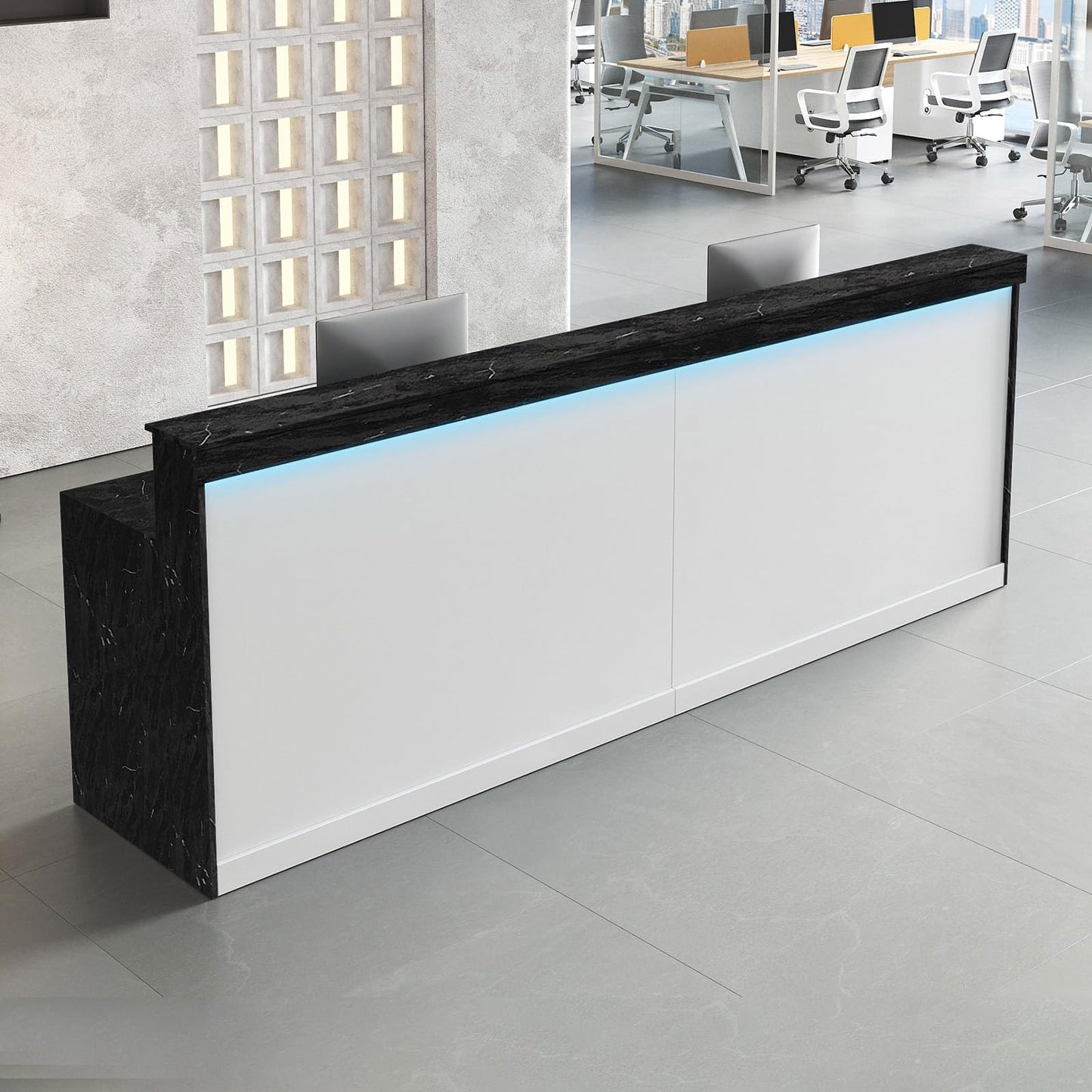 Anzhap 71" Reception Desk with LED Lights & Keyboard Tray, Front Desk Reception Counter with Lockable Drawer, Enclosed Cabinet & Cable Grommet for Office, Salon, Clinic, Lobby (Black Grain & White)
