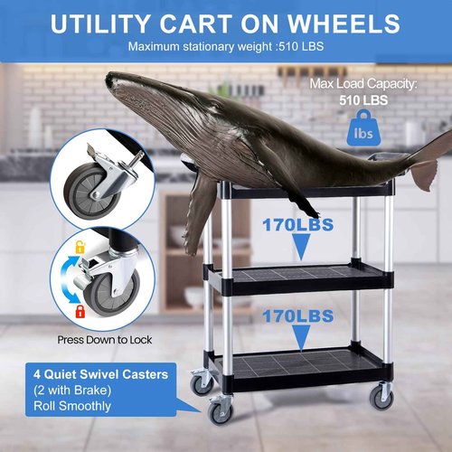 Rolling Utility Carts with Wheels Heavy Duty,3 Tier Rolling Cart with Wheels,510 LBS Food Service Cart with Rubber Mallet and Pad for Restaurant Kitchen Warehouse Office,35.5" x 16.9" x 39.5"(Black)