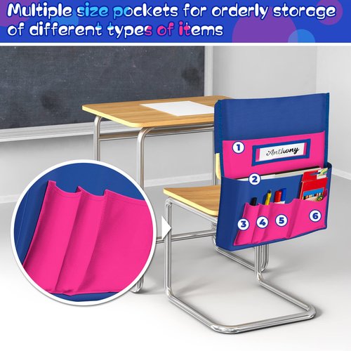 Lewtemi 2 Pcs Desk Chair Seat Back Organizer with 5 Pockets Chair Pockets for Classrooms School Seat Chair Storage Pocket Chart with Name Label Slot for Home Office, 18 x 19 Inch(Blue, Rose Red)