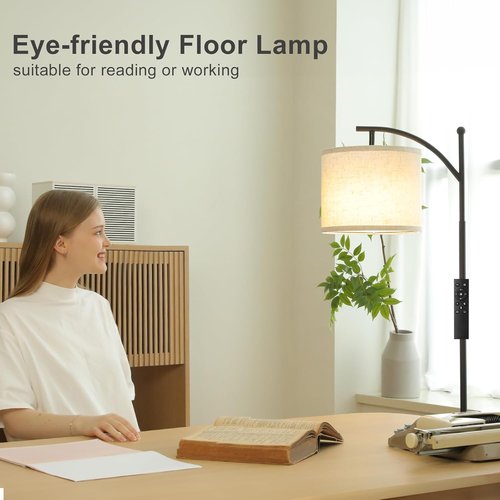 Ambimall 60" Modern Floor Lamp - Remote Control & Stepless Dimmable Bulb | Adjustable Brightness & Color Temperature - Beige Shade & Black Pole