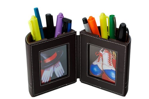 Pensali Pen and Pencil Holder with Picture Frame Space Saver Desk Organizer for Office Supplies - Made of Premium Suede Base Faux Leather Strong Magnetic Clasp Attractive Design - Brown