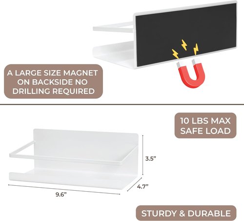 NHZ Magnetic Spice Rack - Space-Saving Magnetic Shelf for Refrigerator | Extra Strong Magnets (2 Pack, White)