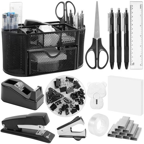 PrintPulse Office Supplies for Desk,14pcs Black Desk Sets and Accessories, Office Supply Kit with Mesh Desktop Organizer and Stapler,Staple Remover, Staples,Tape Dispenser,Sticky Tabs,Scissors, Ruler