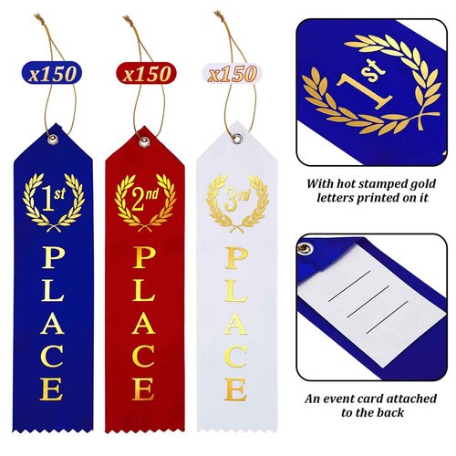 Outus 450 Pieces Award Ribbons 1st, 2nd, 3rd Place Flat Carded Set First Place Prizes with Event Card and Rope for Competition, Sports Event, School, Contests, Blue Red White